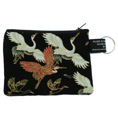 IF YOU REQUIRE A LARGER QUANTITY THAN IS SHOWING PLEASE CONTACT US WE MAY BE ABLE TO ACCOMMODATE YOU *  Beautiful Japanese Crane Birds flying - white & red with gold highlights     Timeless Treasures 100% Cotton  *   Pattern on 1 side - the reverse is plain black 100% Cotton *   Size - 11.5cm x 8.5cm approx.  *   Split round key ring attachment *   Handmade in our workshop in Devon, England *   As handmade the design position may vary slightly *   We have bandanas, headbands, bow ties & cushion Crane Jewelry, Black Crane Clothing, Crane Fabric, Crane Necklace, Japanese Cranes, Japanese Coin Purse, Japanese Things, Japanese Crane, Crane Design