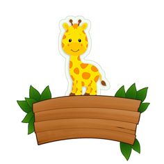 a cartoon giraffe standing on top of a wooden sign with leaves around it