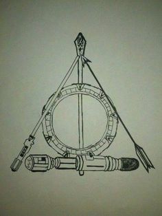 a drawing of a bow, arrow and compass