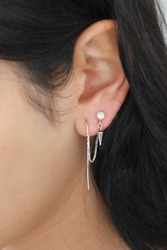 "Dainty threader earring and cubic zirconia stud-drops combination in 925 sterling silver. Each set is made of TWO CONNECTED EARRINGS: The chain of the threaded bar earring is connected to the ear nut of the cubic zirconia studs & drop earring. You can only wear this earrings combo if you have two piercings in one ear! Please select the number of sets you need from the drop down menu: 1 set (for one ear) or - 2 sets (for two ears) *If you would like to wear this combo in both ears - please s 2 Piercings, Earrings Combo, Embossed Jewelry, Gold Ear Climbers, Bar Earring, Dainty Gold Earrings, Dangle Earrings Wedding, Gold Bar Earrings, Bar Stud Earrings