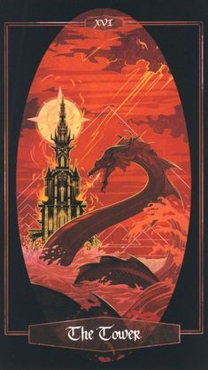 the tower tarot card with an image of a dragon and castle in the background