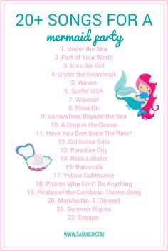 the mermaid party song list is shown in pink and blue, with an image of a little