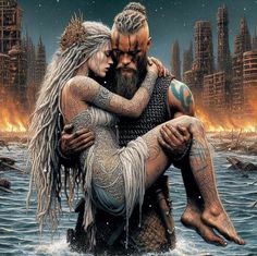 a man and woman hugging in the water with fire coming out of their bodies behind them