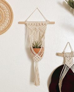 two macrame wall hangings and a plant in a pot hang on the wall