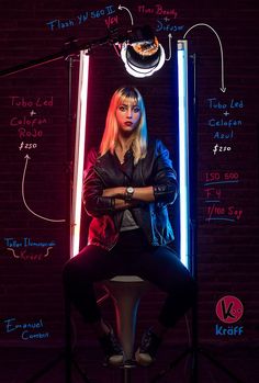 a woman sitting on top of a stool in front of a microphone and neon lights