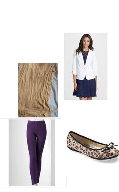 Gold tank, white blazer, purple leggings, leopard print flats