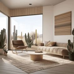 a living room filled with furniture and cactus plants