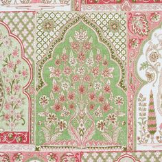 an intricately designed wallpaper with pink and green flowers on the border, surrounded by ornate designs