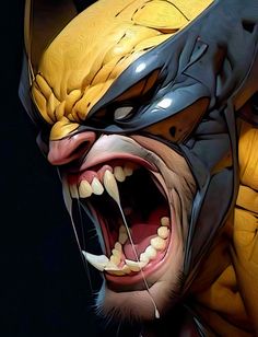 a close up of an evil looking batman character with his mouth open and fangs out