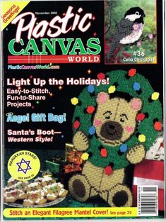 the cover of plastic canvass world magazine with a stuffed animal and christmas wreath on it