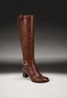 Now-trending, always classic. An oversized buckle detail gives these stunning, endlessly comfortable tall boots a modern touch. Faux leather upper with an almond toe, inside zipper for easy on/off, and now-trending oversized strap and buckle detail. Linings crafted with partially recycled materials. Faux Leather Heeled Boots With Buckle For Fall, Faux Leather Heeled Boots With Buckle Closure For Fall, Fall Faux Leather Heeled Boots With Buckle Closure, Brown Knee-high Heeled Boots With Buckle Closure, Brown Wide Calf Heeled Boots With Buckle, Brown Wide Calf Heeled Boots With Buckle Closure, Brown Heeled Boots With Buckle Closure, Brown Buckle Closure Knee-high Boots For Work, Brown Knee-high Boots With Buckle For Work