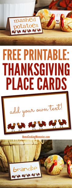 thanksgiving place cards with free printables on them and an image of turkeys