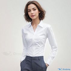 Orcajump - Blue Workwear Shirt: White Long-sleeve Dress Shirt for Office Attire White Long Sleeve Shirt Dress, Bodybuilding Clothing, White Shirt Blouse, Office Attire, Body Building, Shirt White, Types Of Collars, White Shirt, Dress Shirt