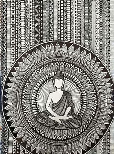 a black and white drawing of a person sitting in the middle of a circular pattern