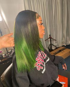 Green Skunk Stripe Knotless Braids, Green With Black Hair, Green Skunk Stripe Hair Black Women, Black And Green Hair Black Women, Cute Hairstyles Black Girls Weave, Green Hair Dye Black Women, Black And Green Natural Hair, Green Highlights In Black Hair Wig, Lime Green And Black Hair