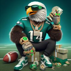 an eagle wearing sunglasses and holding a bottle with money in his hands sitting on a football field