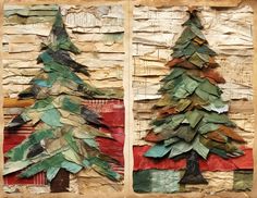 two pieces of art made out of old paper with trees on each side and red, green, blue, yellow