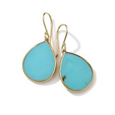 Two teardrop-shaped turquoise stones are polished to a high gloss and enclosed in a fine 18K gold frame, creating a striking contrast of texture and color. This lively pair of earrings will complement a colorful look with timeless charm.•18K Gold•Gemstones: Turquoise•Length: 1.41" Width: .66" Turquoise Earrings Gold, Jewellery Cleaner, Petite Earrings, Hinged Ring, Turquoise Accents, Rock Candy, Earrings Large, Teardrop Necklace, Yellow Gold Earring