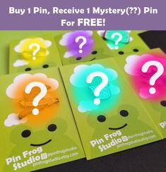 four cards with question marks on them and the text buy 1 pin, receive 1 mystery?