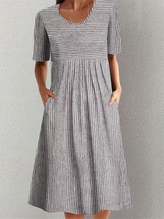 Women's Casual Dress Summer Dress Print Dress Stripe Ruched Pocket Crew Neck Midi Dress Active Fashion Outdoor Daily Short Sleeve Regular Fit Gray Summer S M L XL XXL 2023 - US $23.99 Striped Print Dresses, Midi Dress Elegant, Traje Casual, Cotton Blends Dress, Polka Dress, Print Dresses, Loose Dress, Types Of Dresses, Jumper Dress