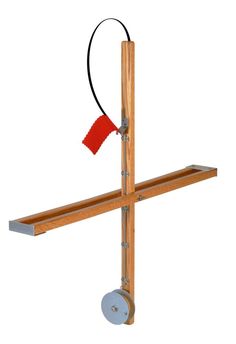 a wooden cross with a red piece of cloth hanging from it's back end