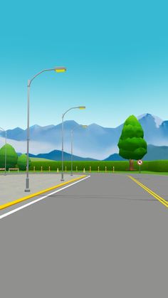 an animated view of a street with mountains in the back ground and trees on either side