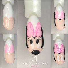 Minnie Nails art tutorial Disney Characters Nail Art, Disney Characters Nails, Minnie Nails, Minnie Mouse Nail Art, Princess Nail Art, Nails Art Tutorial, Animal Nail Designs