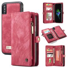 the pink leather wallet case is open and has multiple compartments for cards, keys, and other accessories