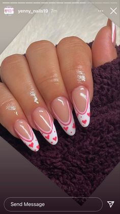 Almond Valentines Nails Pink, Valentine’s Day Nails Almond, Valentine Nails Pink, Simple Valentines, Coffin Acrylic Nails, Nails Arts, Top Nails, Romantic Nails, Nail Designs Valentines