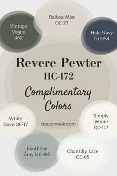 Revere Pewter by Benjamin Moore is a versatile, warm gray that complements a variety of colors. Hale Navy provides a bold, dramatic contrast, while Chantilly Lace and Simply White offer fresh, clean accents. Boothbay Gray and Balboa Mist add soft, calming tones for a balanced look. White Dove enhances the cozy warmth of Revere Pewter, and Vintage Vogue introduces a rich, sophisticated accent. These combinations work well in both modern and traditional spaces, creating a harmonious design. Revere Pewter Bedroom Master, Revere Pewter Bedroom, Sherwin Williams Revere Pewter, Boothbay Gray, Revere Pewter Paint, Pewter Benjamin Moore, Balboa Mist, Revere Pewter Benjamin Moore, Color Wars