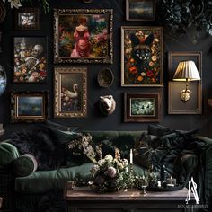 a living room filled with lots of pictures and paintings on the wall next to a green couch