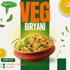 an advertisement for veg biryani with oranges in the background