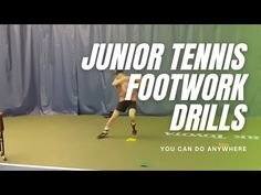 a man is playing tennis in front of a blue curtain with the words junior tennis footwork drills you can do anywhere