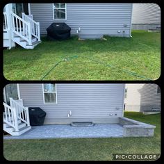 before and after pictures of a patio being built in the back yard with concrete pavers