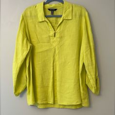 Never Worn, Front Button, Wider Sleeves And Be Buttoned. Yellow Relaxed Fit Linen Shirt, Yellow Long Sleeve Vacation Shirt, Yellow Beach Top With Buttons, Yellow Button-up Blouse For Vacation, Yellow Relaxed Fit Blouse With Buttons, Yellow Button-up Vacation Tops, Relaxed Fit Yellow Blouse With Buttons, Yellow Buttoned Vacation Top, Yellow Vacation Top With Button Closure