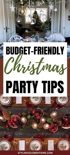 a christmas party table with plates and silverware on it, the words budget - friendly christmas