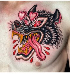 a chest with a dragon tattoo on it's chest and some blood dripping from its mouth