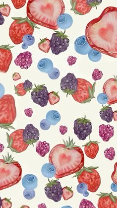 a pattern with strawberries, blueberries and raspberries on a white background