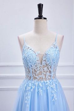 Expertly crafted with a plunging v-neck and insert mesh, this Lace-Up Light Blue Sheer Corset A-Line Formal Dress is perfect for any formal occasion. The sheer corset bodice boasts beautiful appliques, while the a-line skirt enhances your silhouette. The lace-up back is easy to adjust, adding a touch of elegance. ♡ SKU: FV12584 ♡ Shown Color: Light Blue ♡ Fabric: Tulle ♡Fully lined & Built with bra ♡ Our dresses run true to size. ♡ Besides stand sizes 2-16, we still offer free custom size, which Light Blue V-neck Evening Dress For Party, Sheer V-neck Evening Dress For Formal Occasions, Light Blue V-neck Party Evening Dress, Fitted Evening Dress With Lace Bodice And V-neck, Sheer Bodice V-neck Evening Dress For Gala, Sheer V-neck Dress For Prom Season, V-neck Evening Dress With Sheer Bodice For Gala, Sheer Bodice V-neck Evening Dress For Prom, V-neck Evening Dress With Sheer Bodice For Prom