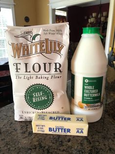 ingredients for white lily flour sitting on a counter top next to a bag of butter