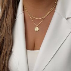 "All chains are 18k Gold filled and are marked, it's excellent quality Jewelry. ITEM DETAILS: * Material: 18k Gold Filled Chain Nickel Free Hypoallergenic * Size: 16\" Length * If you want to buy the set, the measurements are: - Bismark Chain 3mm16 \" - Box Chain 1.5 mm 18\" + Moon Chain * Shipment: Free shipping. Everything Is made to order. Order preparation may tak 3 To 5 business day. * Packaging: The jewels are packed and delivered in a beautiful packaging, ideal to give and surprise on spe Dainty Necklace With Round Pendant And Gold Chain, Elegant 14k Gold-filled Coin Necklace, Gold Collar Chain Necklace As Gift For Her, Plated Chain Necklace With Round Pendant As Gift, Plated Round Pendant Chain Necklace Gift, Gold Dainty Round Pendant Necklace, Dainty Gold Necklace With Round Pendant, Dainty Gold Plated Chain Necklace, Gold Delicate Chain Necklace As A Gift For Her