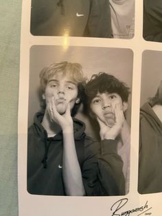 four black and white photos of young men posing for a photo booth with their hands on their chins