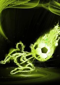 a man kicking a soccer ball on top of a green field with fire coming out of it