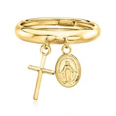 Ross-Simons - Italian 14kt Yellow Gold Religious Charm Ring Size 9. Portray your faith in the most fashionable way possible. This 14kt yellow gold creation from Italy dangles a cross charm and the Miraculous Medal. Polished finish. 1/8" wide. 14kt yellow gold religious charm ring. Italian Rings, Italian Ring, Yellow Gold Cross Necklace, Jewelry Presentation, Charm Ring, Gold Cross Necklace, Gold Cross Pendant, Natural Gold, Miraculous Medal