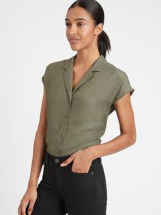 Resort Shirt | Banana Republic Cap Sleeve Shirt, Flowing Fabric, Resort Shirt, Flight Jacket, Notch Collar, Petite Women, Work Wardrobe, Business Attire, Green Jacket