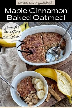 two bowls filled with baked oatmeal next to bananas