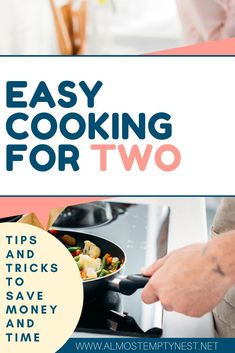 the cover of an easy cooking for two cookbook, with text overlaying it