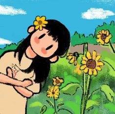 a drawing of a woman in a field with sunflowers