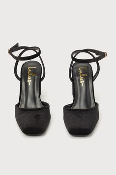 Add a touch of sophistication and class to any 'fit with the Lulus Izzori Black Velvet Square Toe Ankle Strap Heels! Soft, plush velvet shapes these chic heels that feature a square-toe upper and a low-cut collar. Slender straps sprout from the sides and secures around the ankle with a shiny gold buckle, all atop a sturdy block heel. 3" wrapped block heel. Cushioned insole. Felted rubber sole has nonskid markings. Man made materials. Imported. Lulus | Izzori Black Velvet Square Toe Ankle Strap H Evening Block Heels With Sculpted Heel And Ankle Strap, Chic Evening Block Heels With Heel Loop, Chic Court Shoes With Ankle Strap And Heel Loop, Elegant Block Heels With Heel Loop For Night Out, Formal Ankle Strap Heels With Wrapped Heel, Elegant Ankle Strap Block Heels For Gala, Evening Block Heels With Contrasting Heel Counter, Elegant Ankle Strap Block Heels With 4-inch Heel, Court Shoes With Padded Heel And Ankle Strap