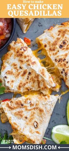 grilled quesadilla cut in half with salsa and limes on the side